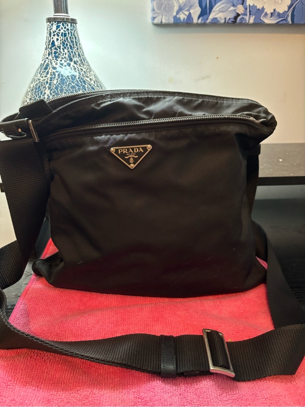 Authentic Prada Black Tessuto Nylon Flat Crossbody Messenger Bag